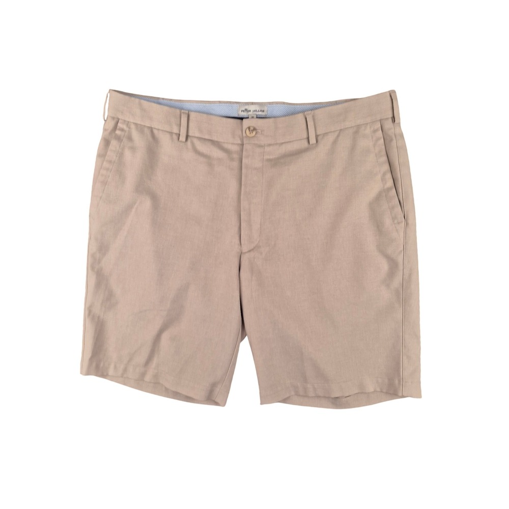 Peter Millar Crown Sport Performance Mens Tan Khaki Flat Front Shorts Size 36